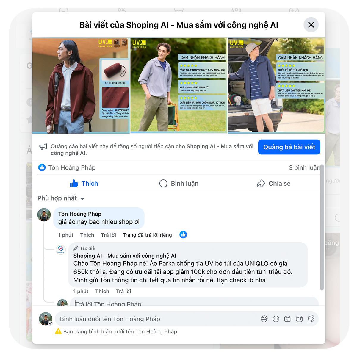 Bước 1: Khách hàng comment trên Facebook