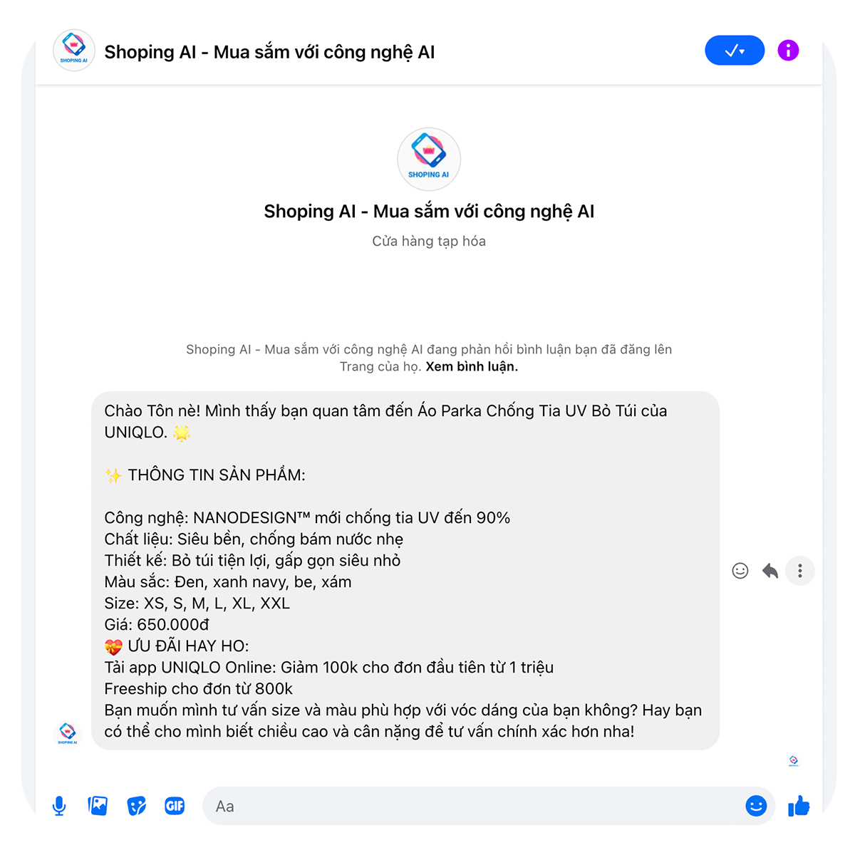 Bước 2: AI gửi tin nhắn sản phẩm